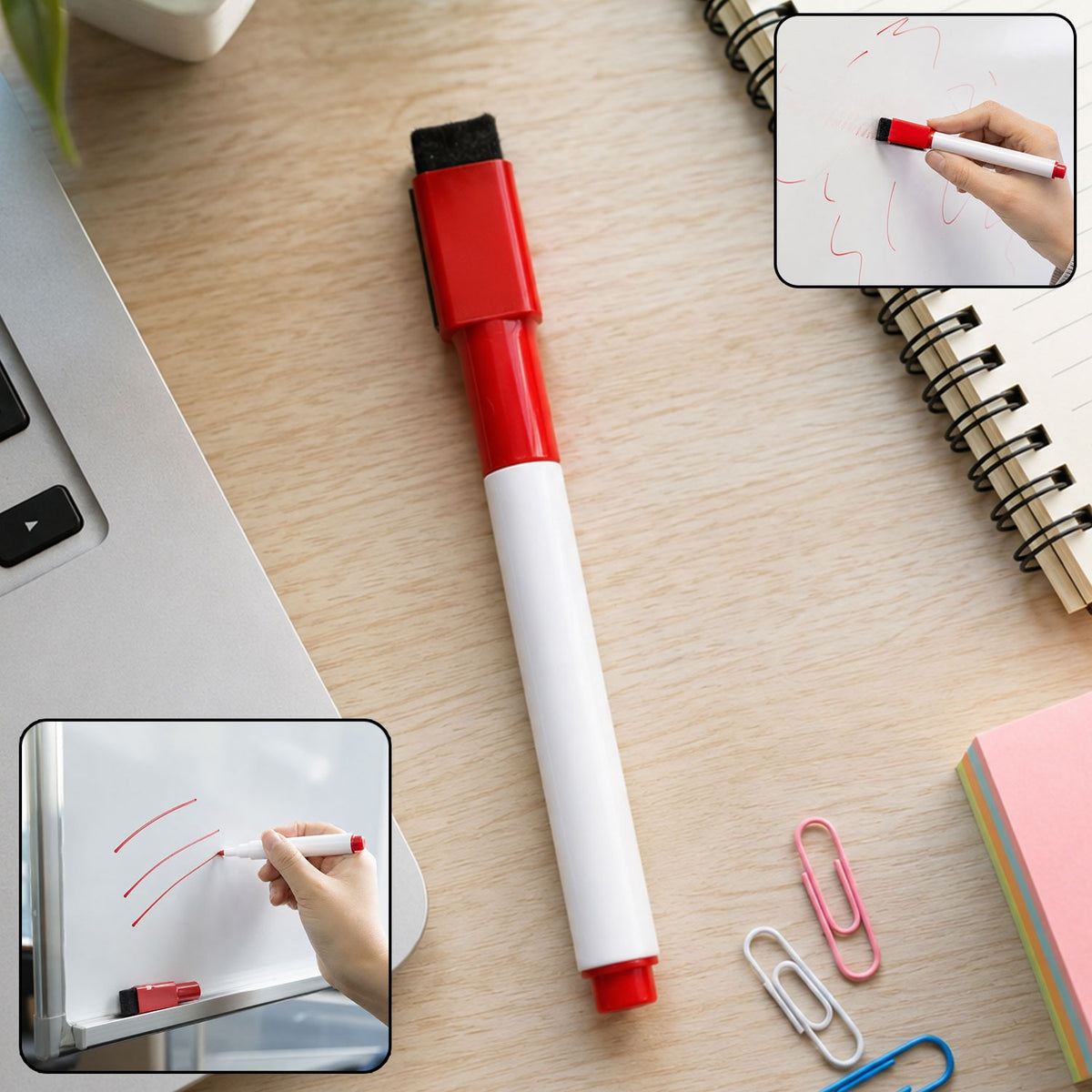 Red 2-in-1 whiteboard marker with built-in eraser cap for office and classroom use