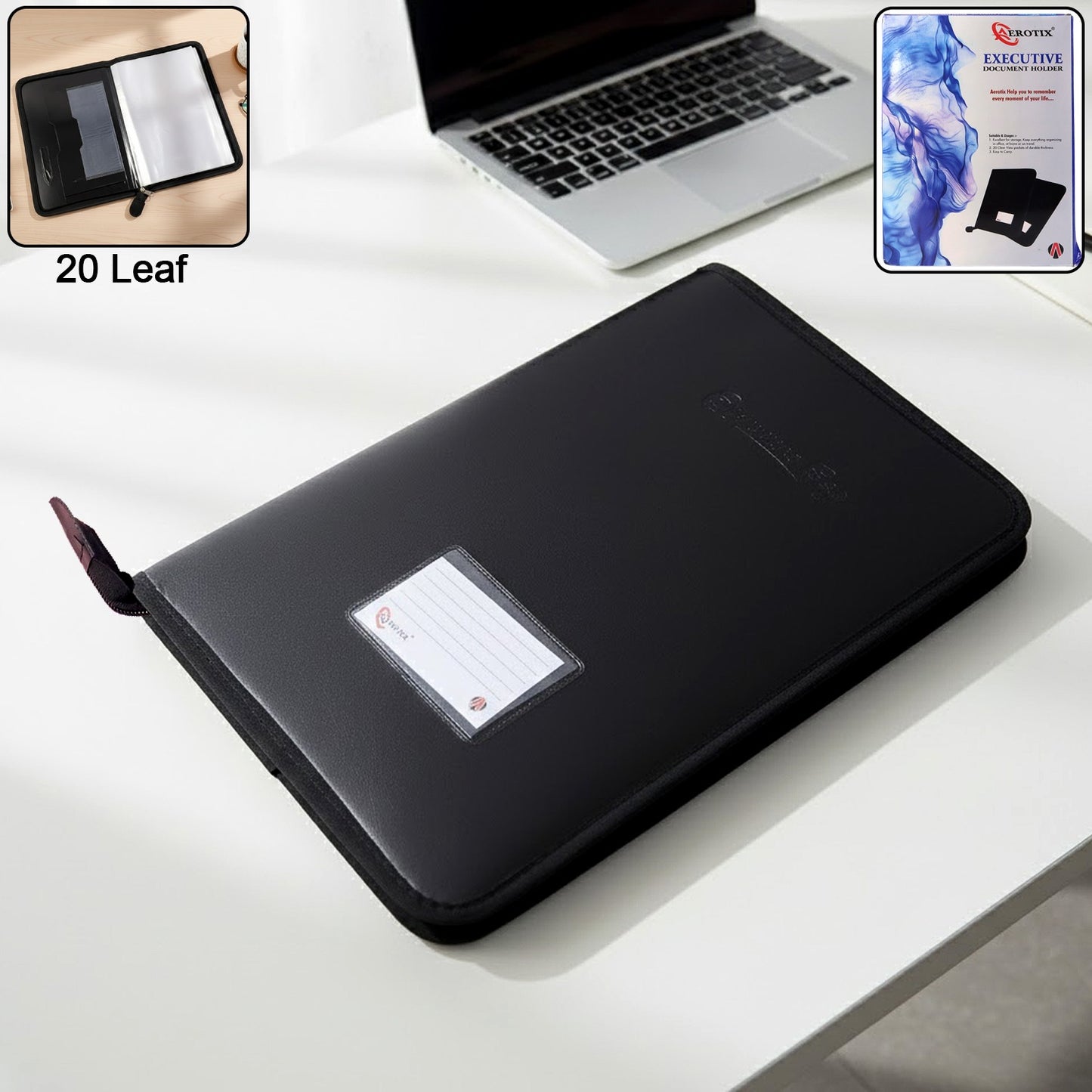 Executive Zipper Document File Folder with 20 Clear Sleeves for Office & Conference