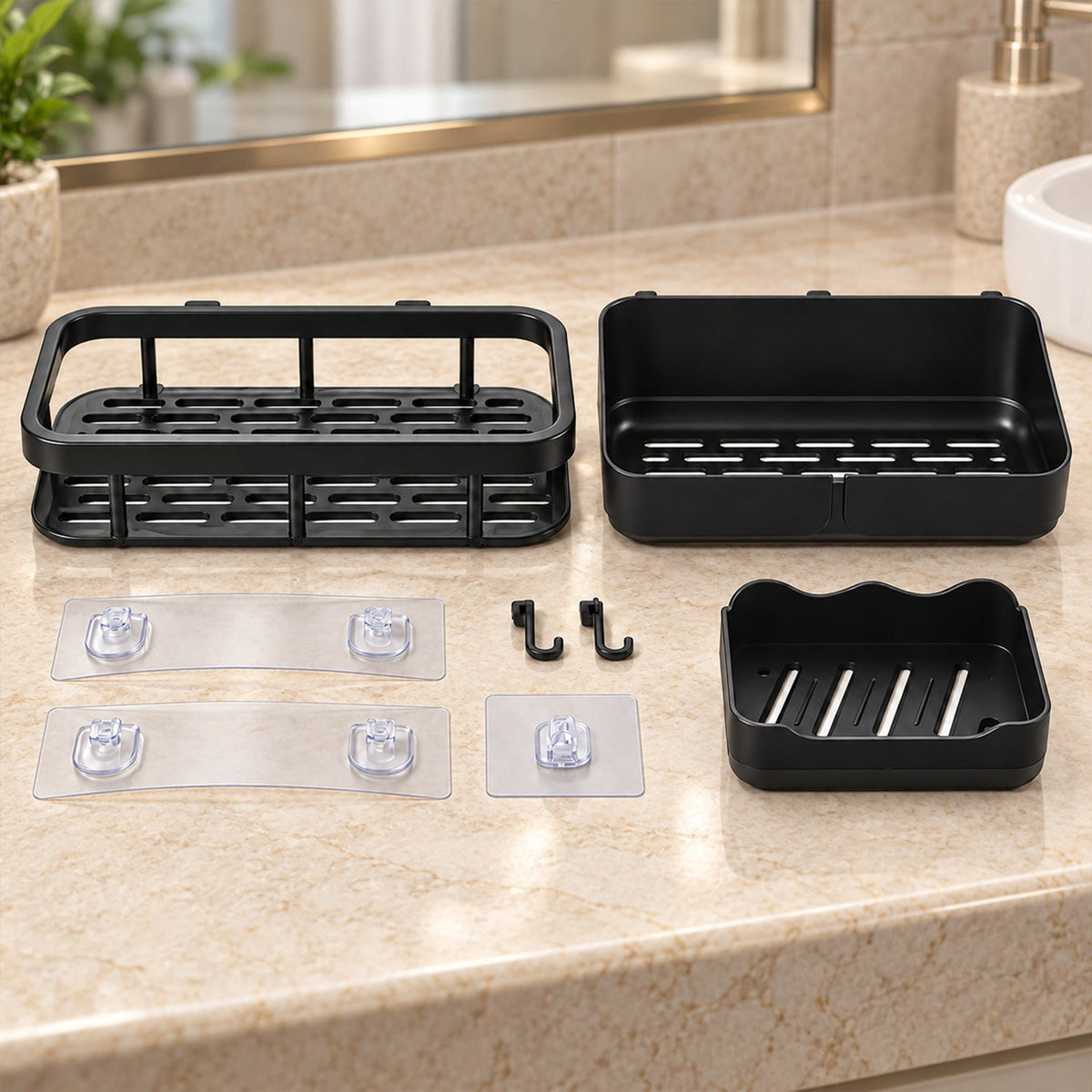 A disassembled set of three black plastic shower caddies, hooks, and adhesive mounts on a beige countertop.