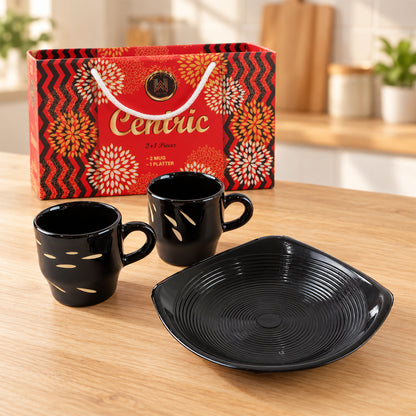 Ceramic Tea Cup Set – Includes Plastic Square Serving Platter