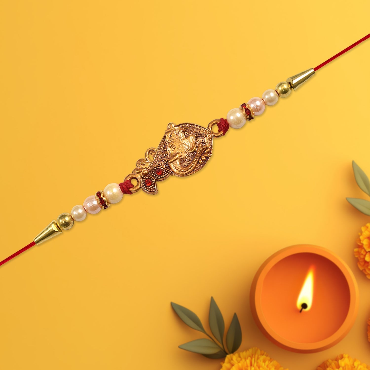 Golden Peacock Rakhi Pearl Beads & Red Thread for Brother on Raksha Bandhan (10pcs)