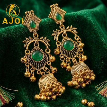 Antique Gold Plated Green Stone Traditional Jhumka Earrings for Women