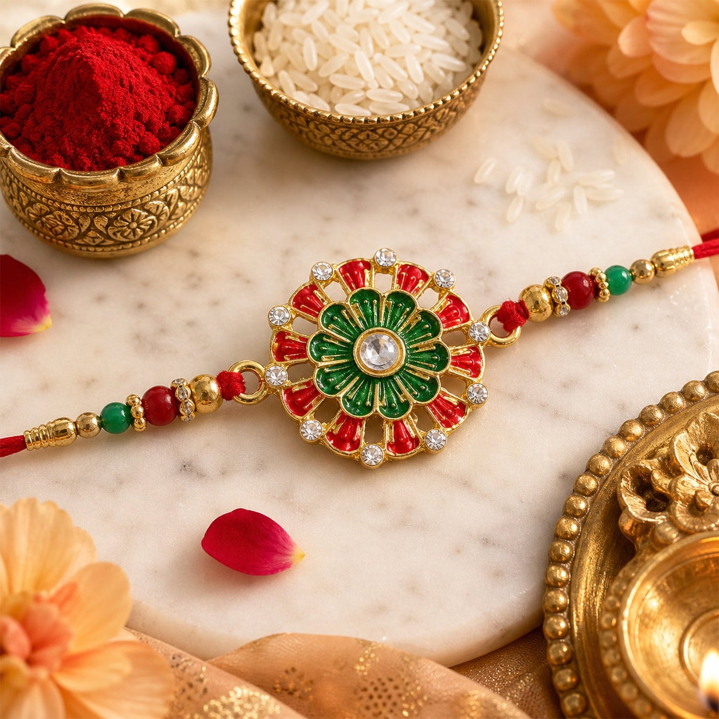 Traditional Rakhi Floral Centerpiece Red Green Beads (5pcs)
