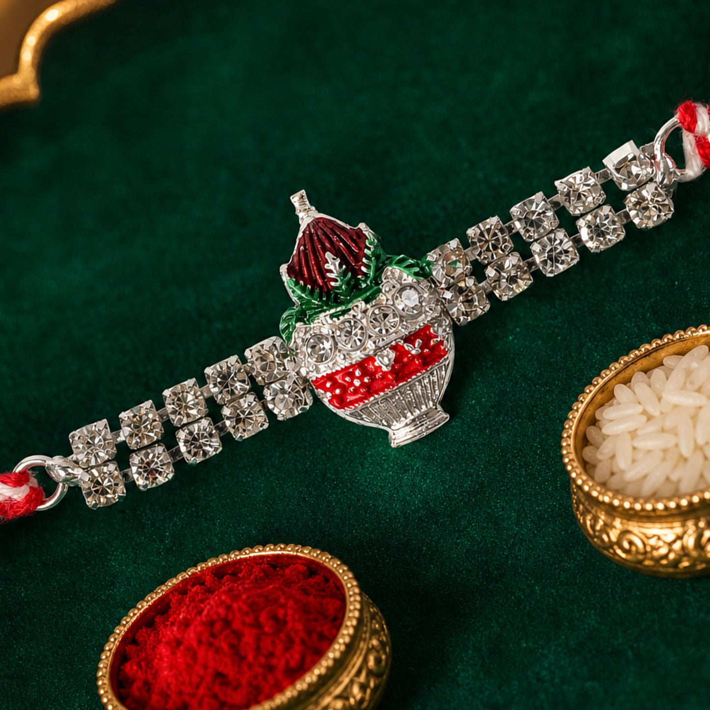 Festive Rakhi showcasing Kalash Charm, leaf detail and wrist style for Festive Use