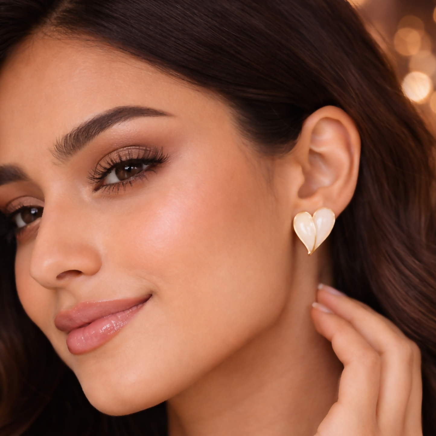 Elegant Cream Glossy Leaf Design Stud Earrings with Gold Finish for Women