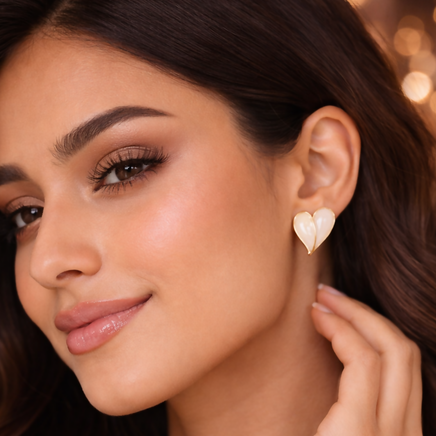 Elegant Cream Glossy Leaf Design Stud Earrings with Gold Finish for Women