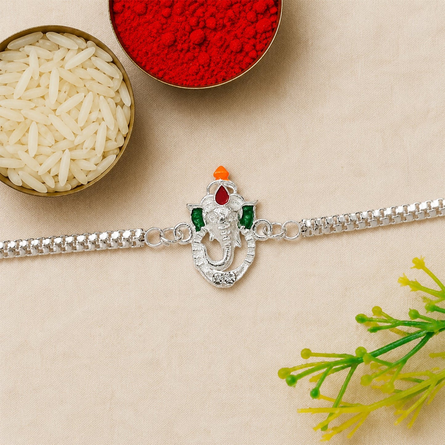 Ganesha Rakhi Stylish Enamel & Silver Chain for Brothers (5pcs)
