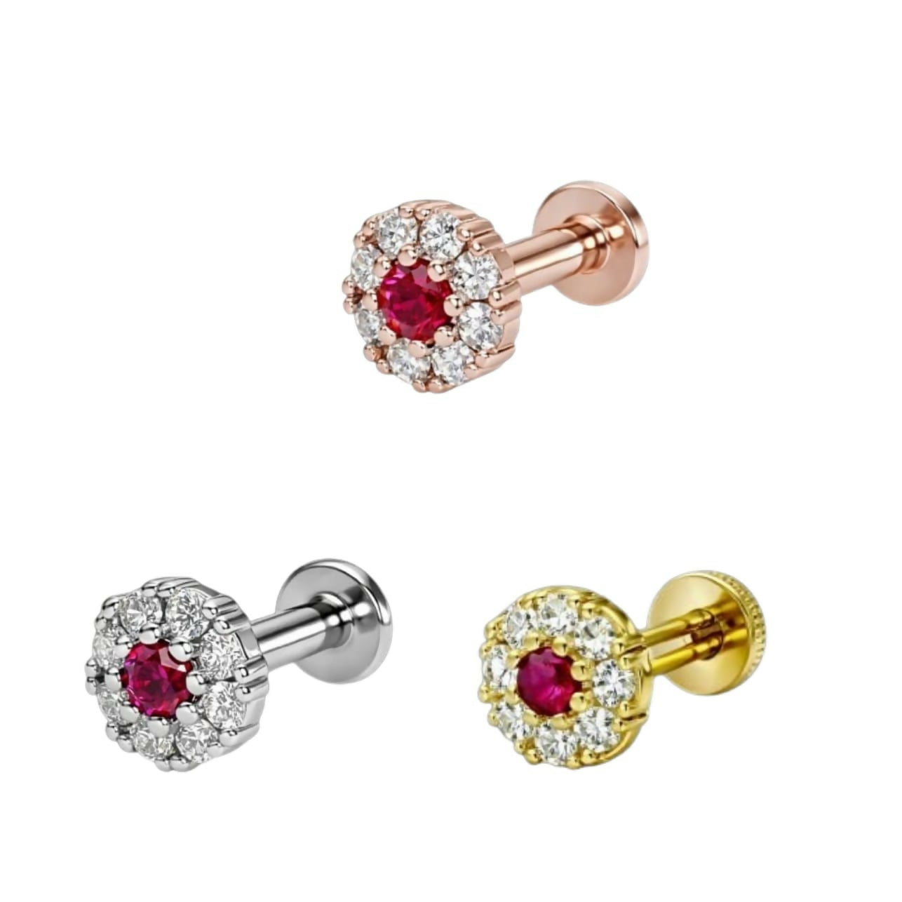 Three nosepin studs combo pack with gold, rosegold, and silver plating showcasing ruby floral design