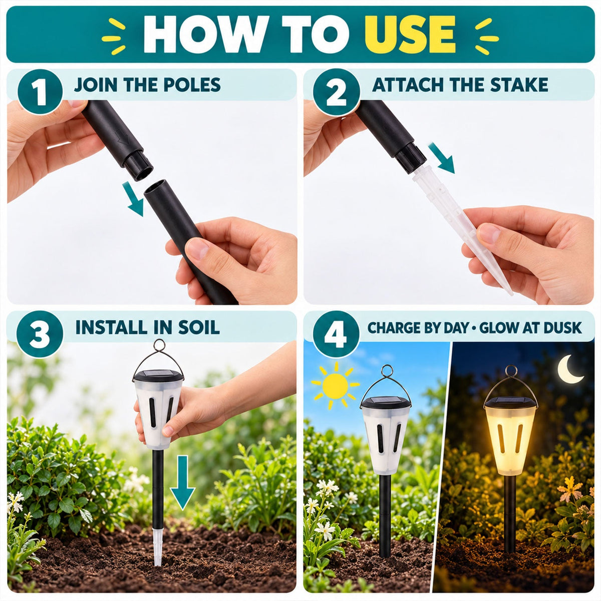 Four panels illustrate how to assemble and use the solar light: joining poles, attaching a stake, installing in soil, and