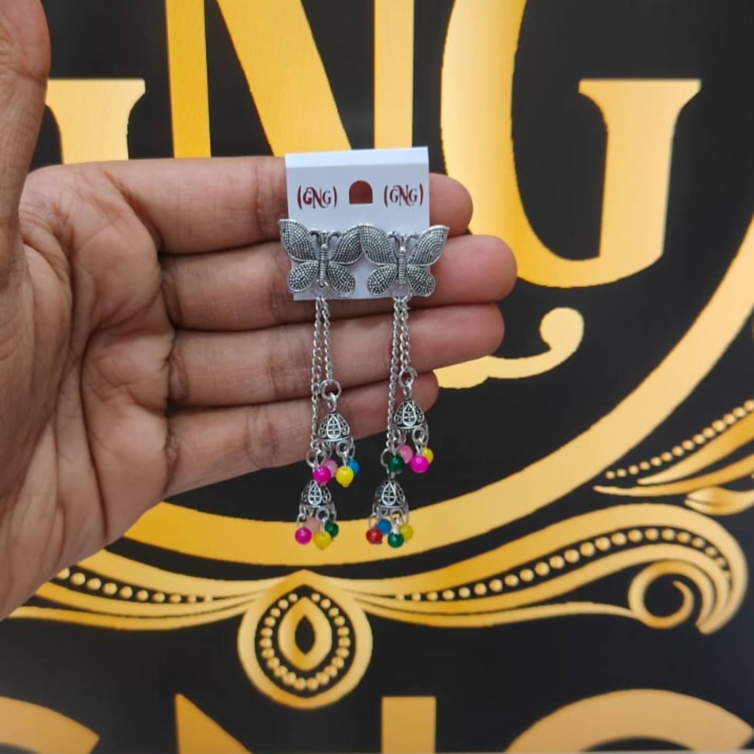 Oxidised Butterfly Chain Jhumka Earings