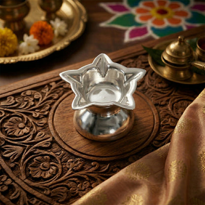 Silver Star-Shaped Oil Diya Lamp for Pooja, Festivals & Home Decoration