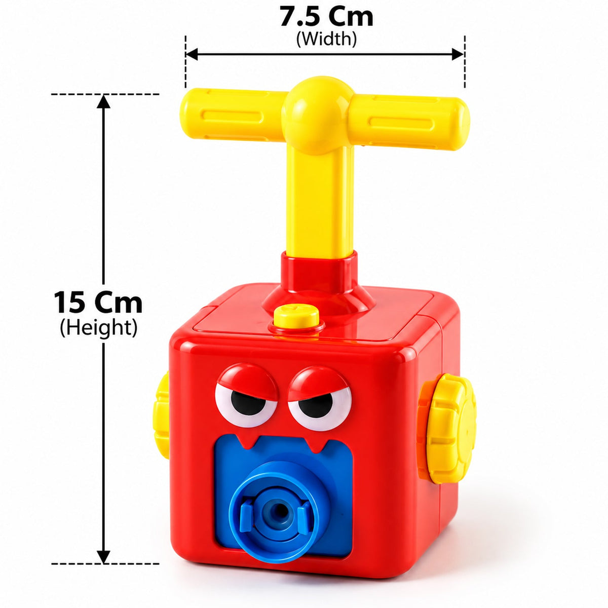 A red and yellow pump toy with dimensions of 15 cm height and 7.5 cm width displayed.