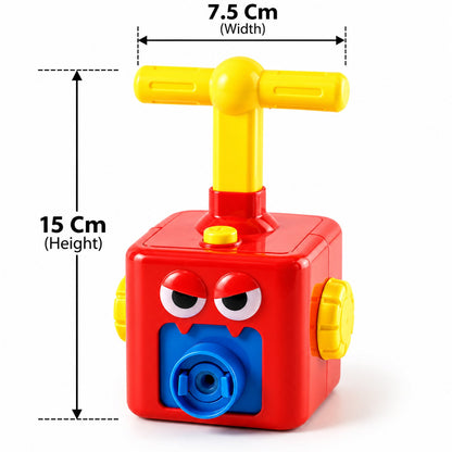 A red and yellow pump toy with dimensions of 15 cm height and 7.5 cm width displayed.