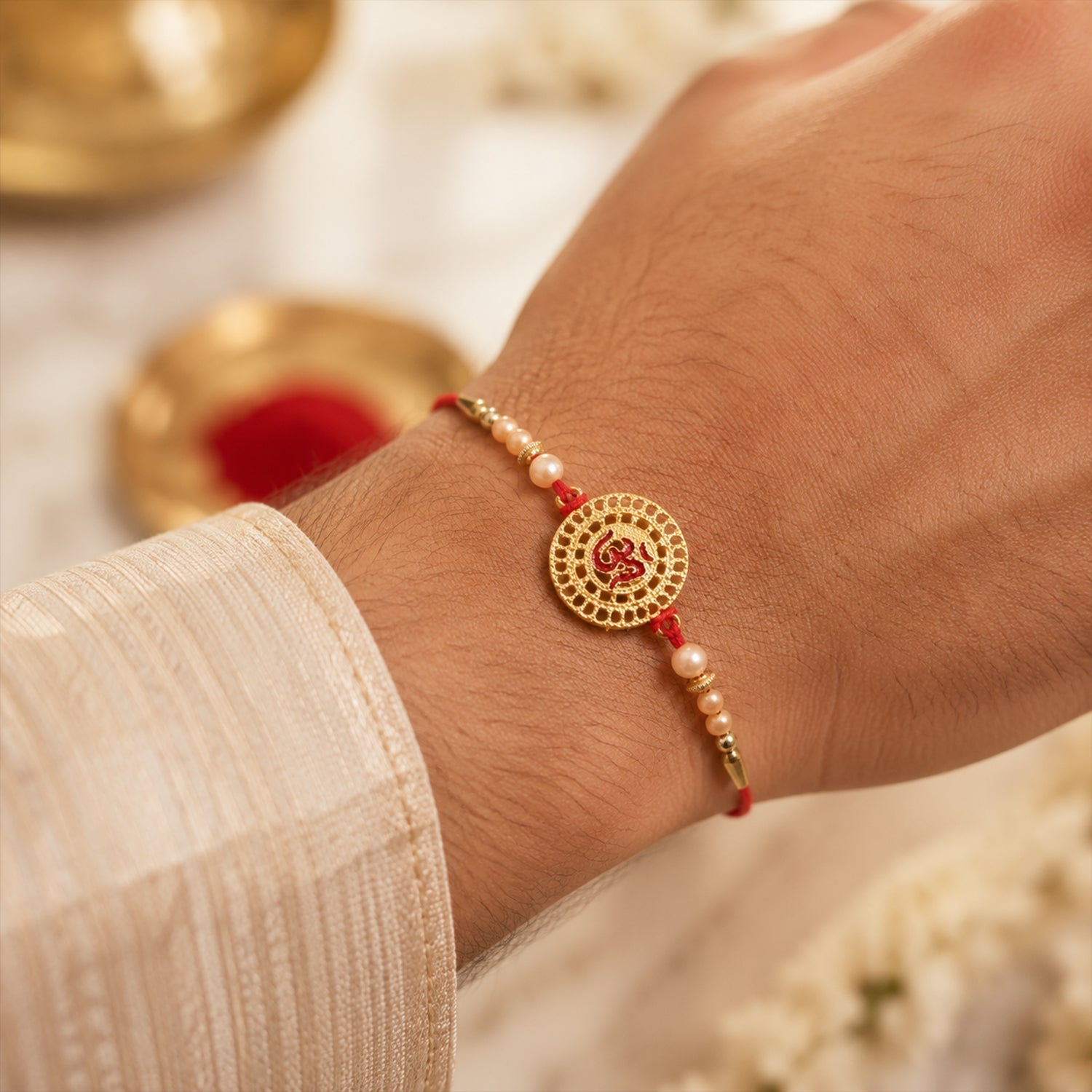 Raksha Bandhan Om Symbol Rakhi - Round Stone Studded Designer for Brother (5pcs)