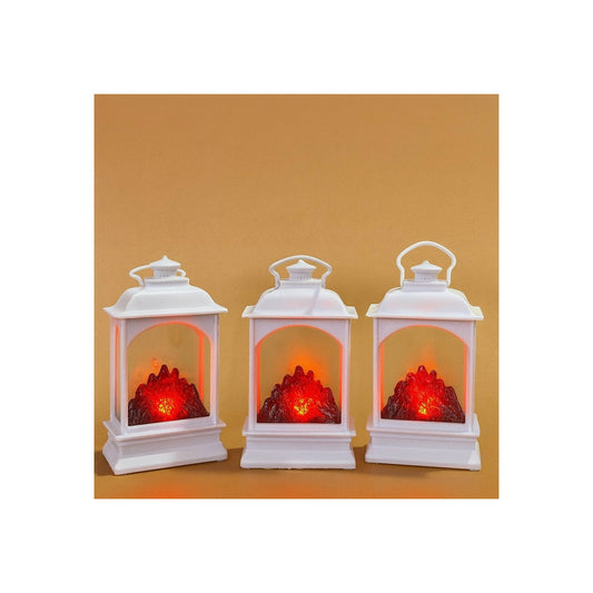 Decorative White LED Lantern with Simulated Fire Flame Effect | Battery Operated Flameless Lantern Light for Home Décor, Living Room, Bedroom, Garden, Diwali, Christmas & Gifting – Set of 3