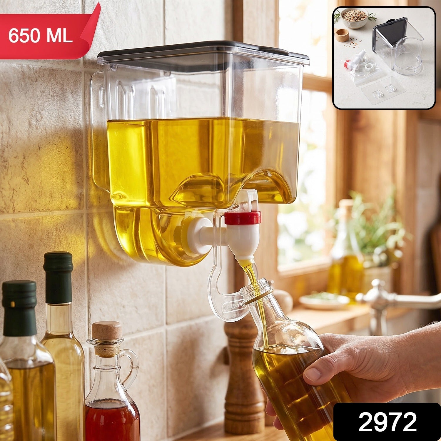 Wall Mounted Plastic Oil Dispenser with Tap for Kitchen Oil Storage Use (1 Pc)