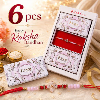 Crystal Cross Star Rakhi with Soft Pink Beads, Roli Chawal Coin and Elegant Gift Packing