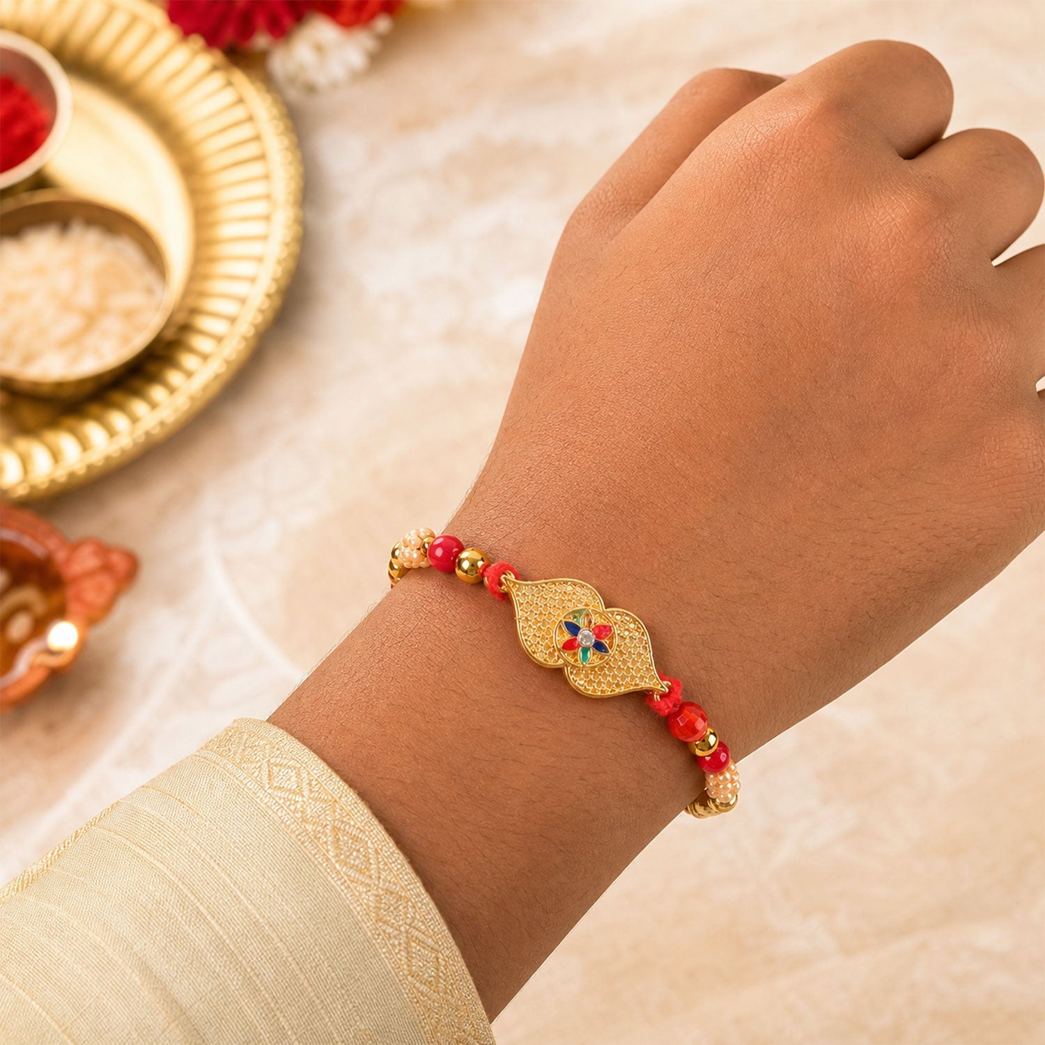 Designer Rakhi Leaf Floral Stone Beaded for Raksha Bandhan (10pcs)