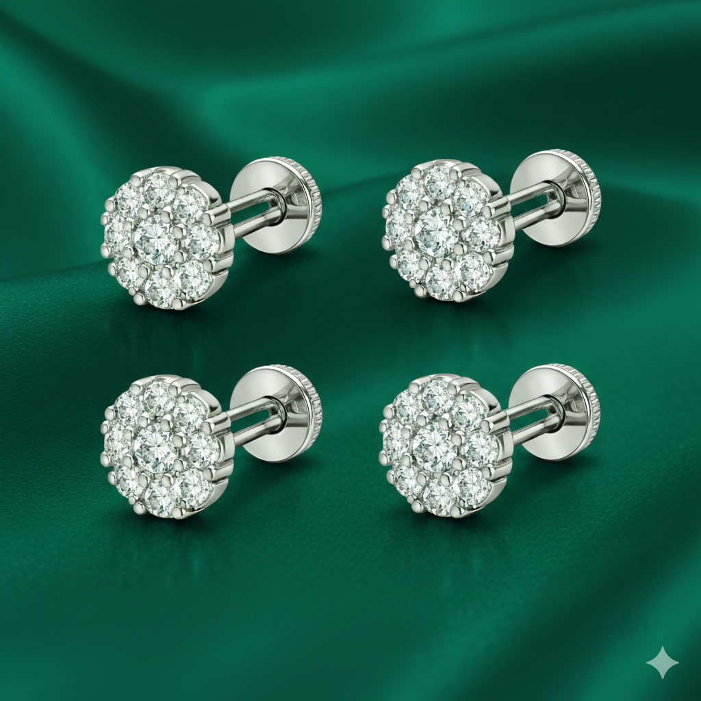 Close-up image of silver plated floral cluster nose pin with clear cubic zirconia stones