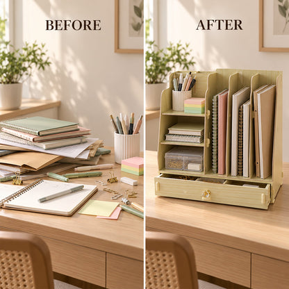 Split image showing a messy desk on the left and an organized desk with the wooden organizer on the right.