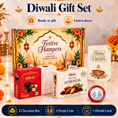 A colorful Diwali gift set with a large box, two chocolate boxes, a greeting card, and a silver coin.