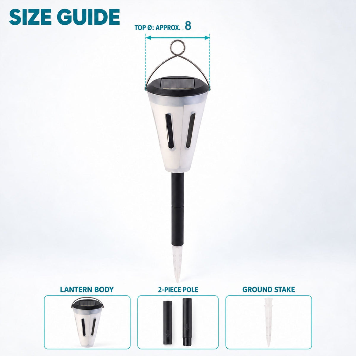 A solar garden light with a metal hanging loop and ground stake is shown with a size guide indicating its approximate top