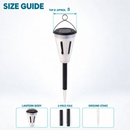 A solar garden light with a metal hanging loop and ground stake is shown with a size guide indicating its approximate top