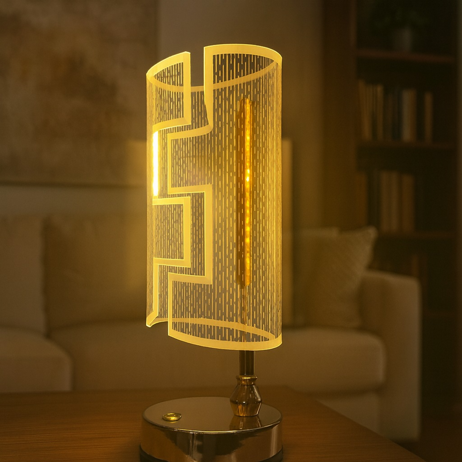 Premium Geometric LED Table Lamp for Home Décor | Modern Gold Metal Body with Designer Cut-Pattern Shade | Warm Ambient Light for Bedroom, Living Room & Office | Stylish Decorative Bedside Night Lamp for Gifting & Decoration