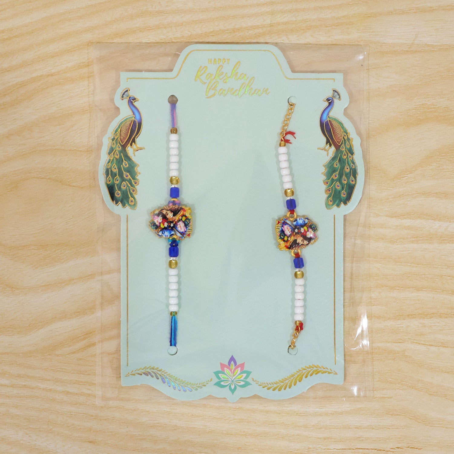 Radha Krishna Floral Art Printed Pearl Beads Bhai Bhabhi Rakhi Set