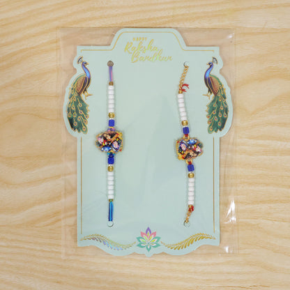 Radha Krishna Floral Art Printed Pearl Beads Bhai Bhabhi Rakhi Set