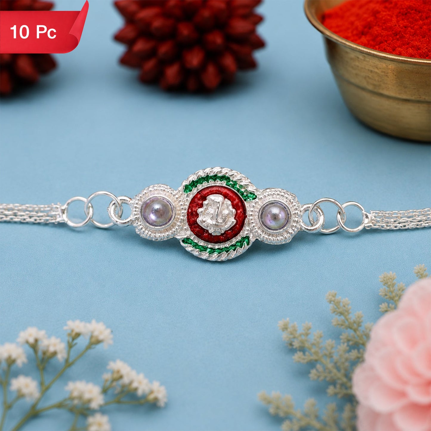 Silver Ganesha Rakhi Elegant Dual Chain for Raksha Bandhan (10pcs)