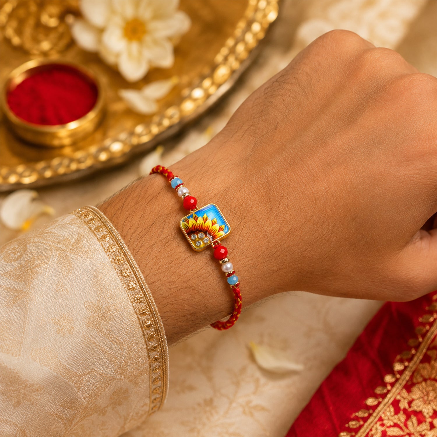 Sunflower Printed Rectangle Crystal Pearl Beads Bhai Bhabhi Rakhi Lumba Set