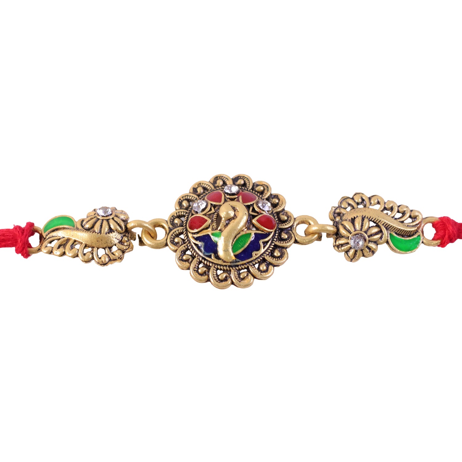 Antique Gold-Toned Peacock Rakhi with Multicolor Enamel, Crystal Accents & Red Thread