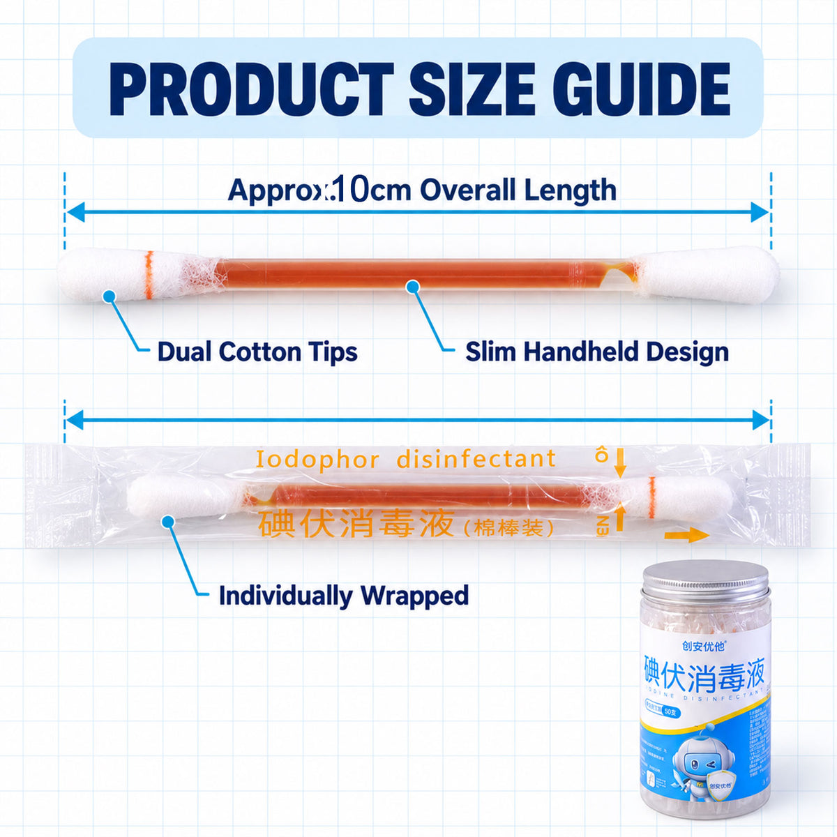 Individually Wrapped Iodine Swab Sticks with Dual Cotton Tips (50 Pc)