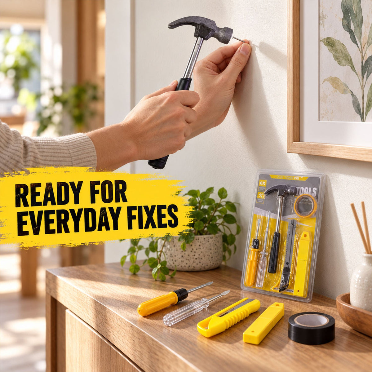 A person's hands use a small black and silver hammer to tap a nail into a white wall, with a tool kit on a wooden counter.