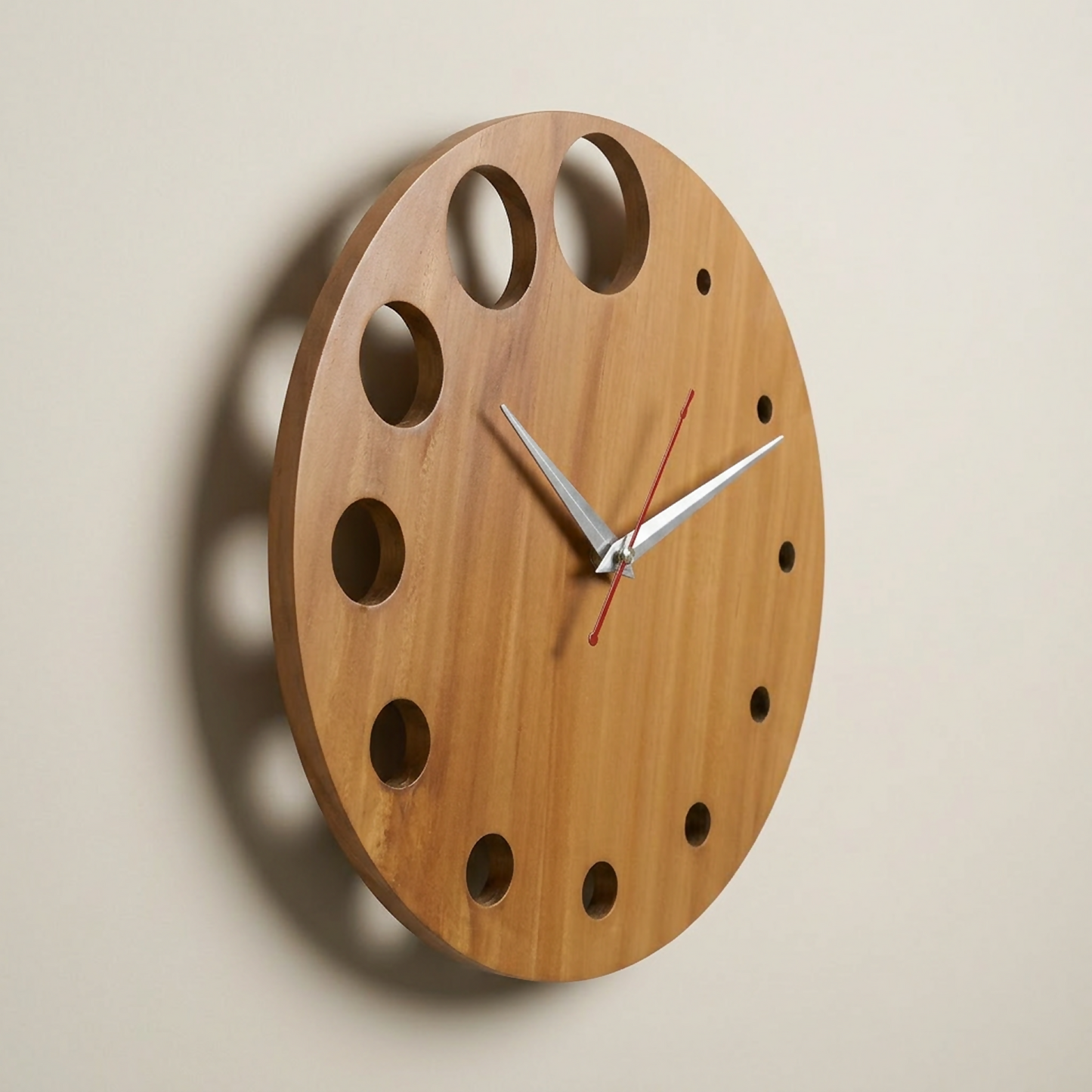 Close-up of Modern Bubble clock showing minimalist design & wood texture