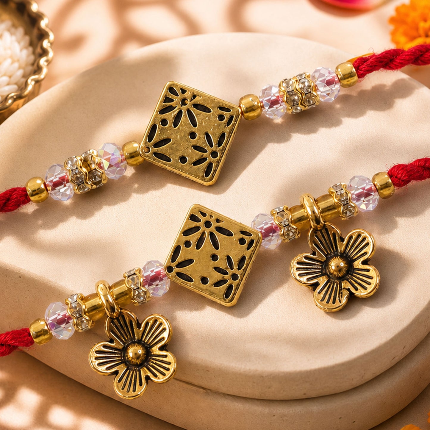 Floral Square Couple Rakhi Set with Crystal Beads and Antique Flower Lumba Charms