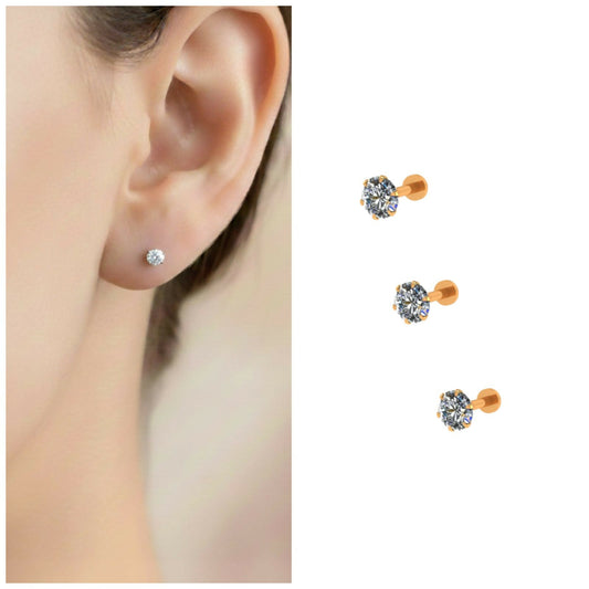 Gold plated AD Flat Back Stud Earring Internally Threaded for women and girls Combo Pack of 3