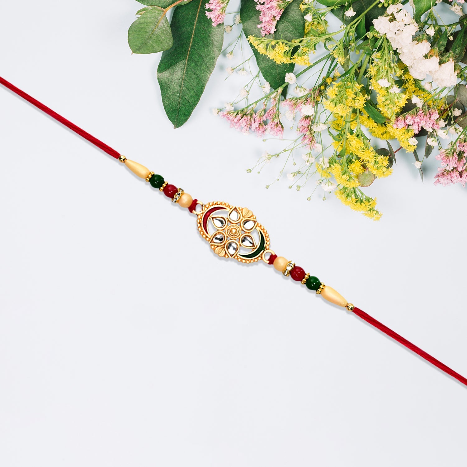 Flower Design Rakhi with Red and Green Beads Festive Elegance (5pcs)