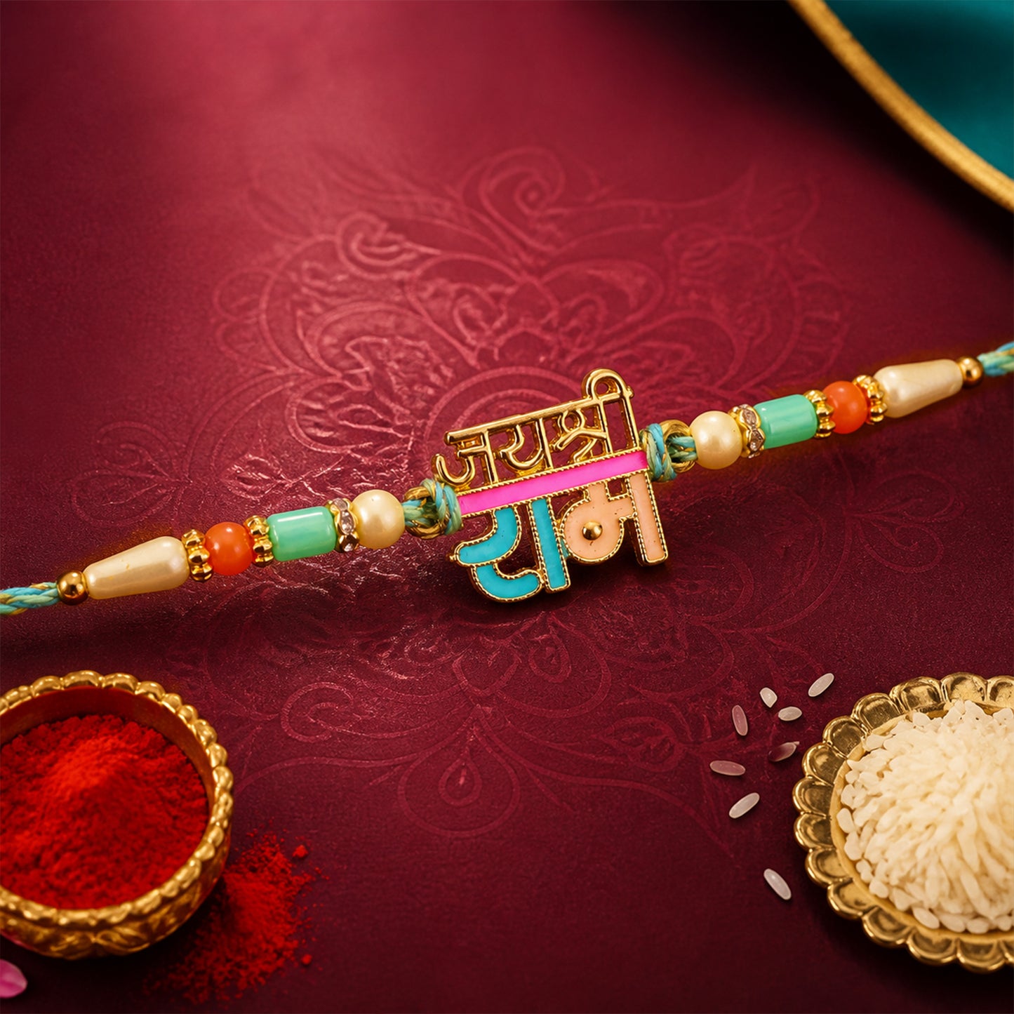 Premium Rakhi showcasing Jai Shri Ram Plaque, gold trims and chain look for Gift Use