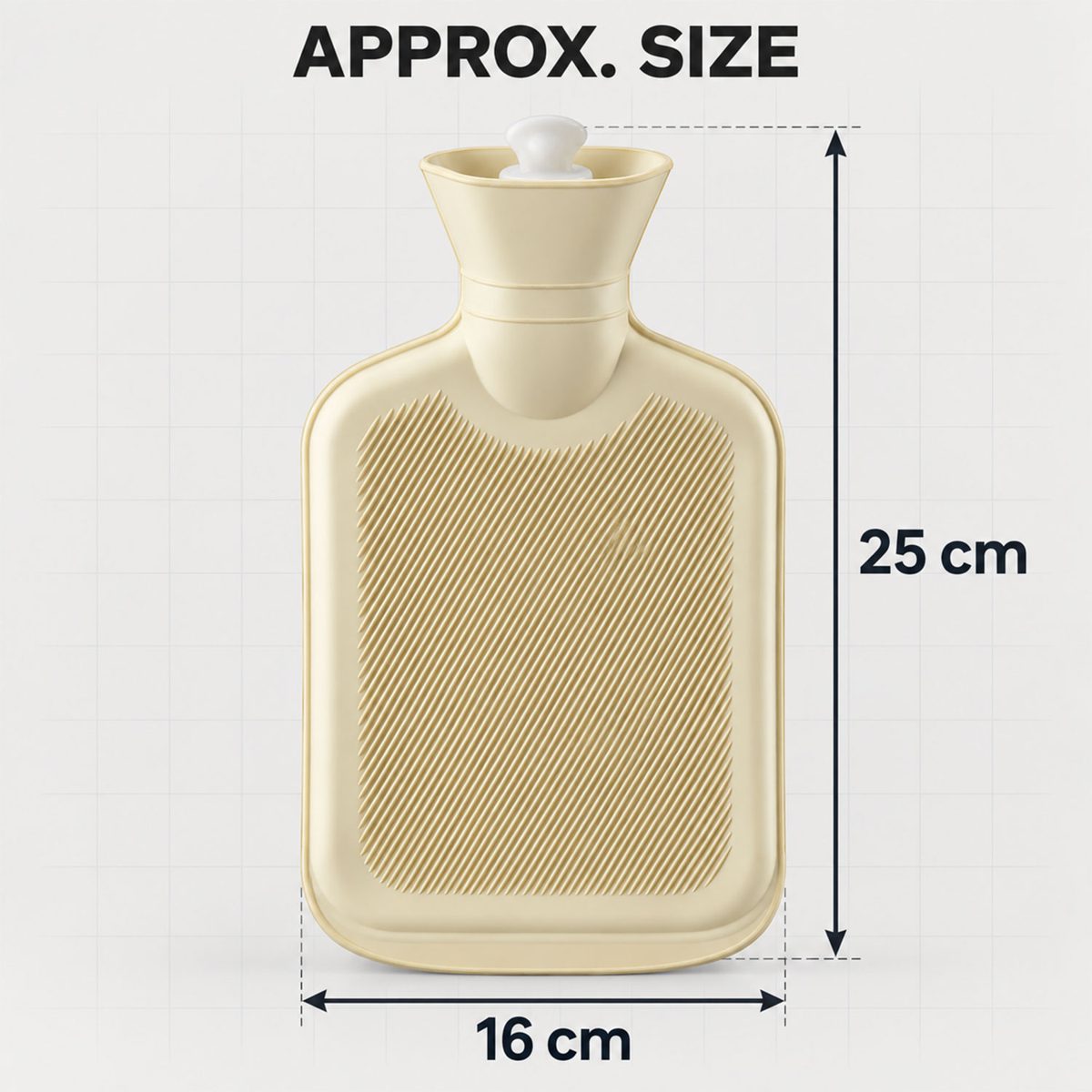 A light yellow hot water bottle with a ribbed texture is shown with approximate dimensions of 25 cm height and 16 cm width.