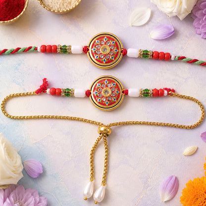 Round Mandala Meenakari Bhai Bhabhi Lumba Rakhi with Pearl Tassels