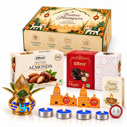 A festive hamper box with two chocolate boxes, a golden kalash, four blue tealights, three wooden temple decorations, and a