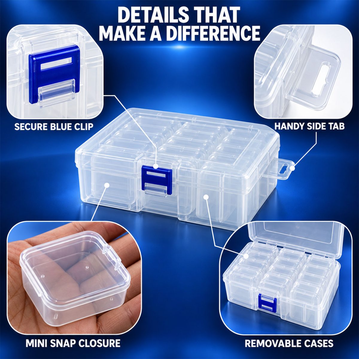 A collage of four close-up views highlighting features of the clear plastic storage box, including a blue clip, side tab,