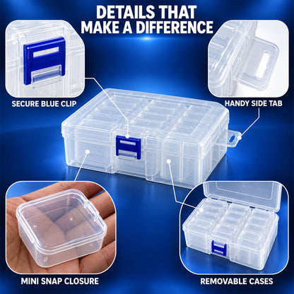 A collage of four close-up views highlighting features of the clear plastic storage box, including a blue clip, side tab,