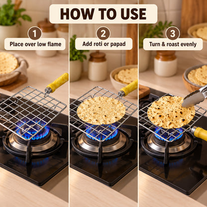Square Wire Roti and Papad Roaster with Wooden Handle (1 Pc, Big)