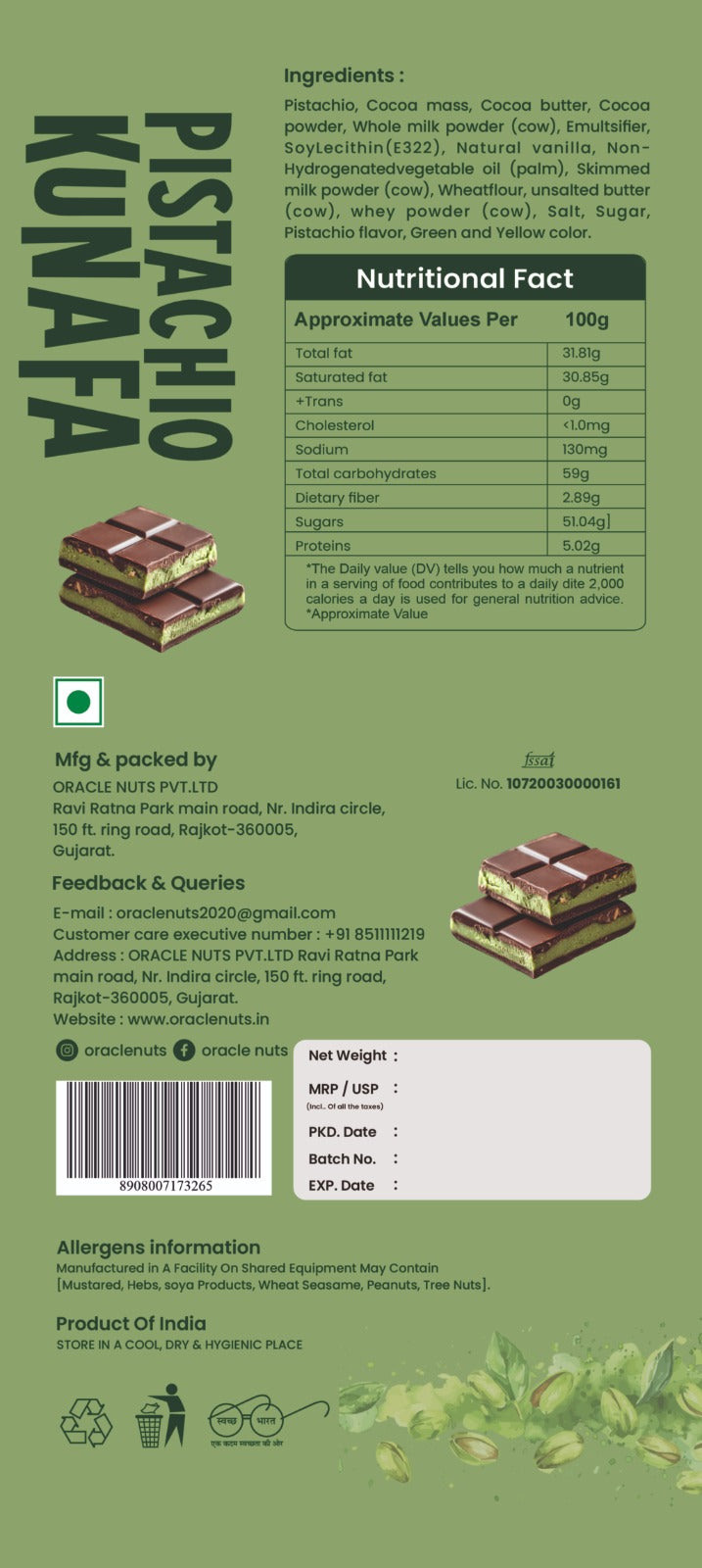 Oracle Nuts & Berry Dubai Pistachios Kunafa Bar Chocolate 100 gm