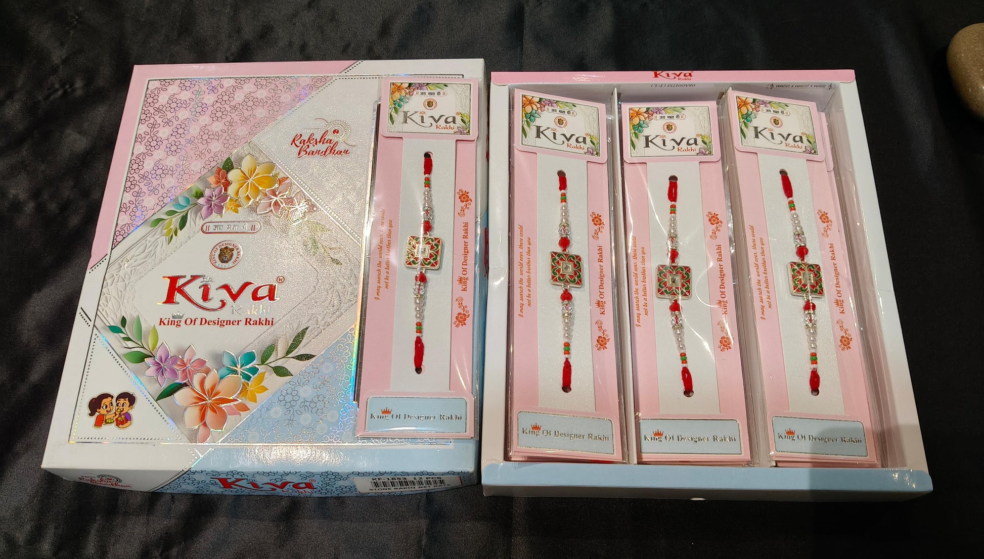 Combo Pack of 12 Designer Rakhis with Red-Green Enamel Square Motif and Pearl Beaded Thread – Premium Festive Gift Box