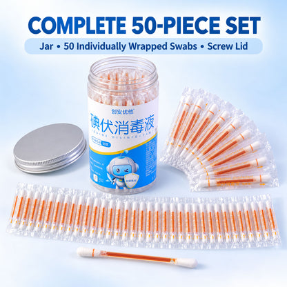 Individually Wrapped Iodine Swab Sticks with Dual Cotton Tips (50 Pc)