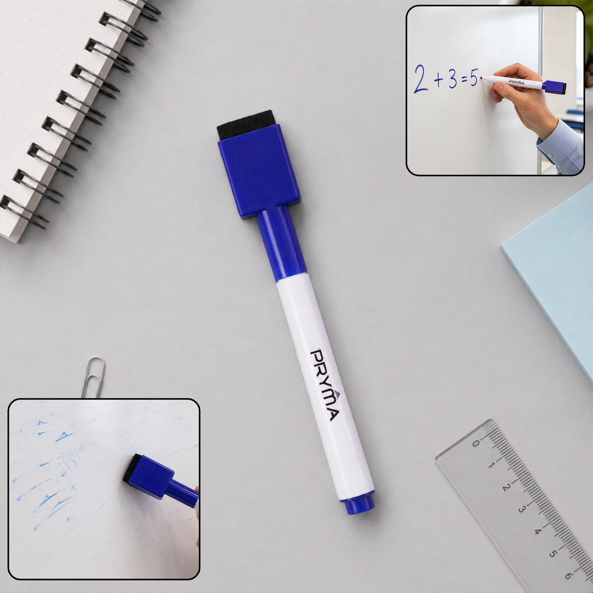 Whiteboard marker pen with eraser cap and vivid blue ink for smooth writing